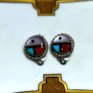 Sterling Vintage Earrings Turquoise/Red Coral/ Mother of Pearl Native American